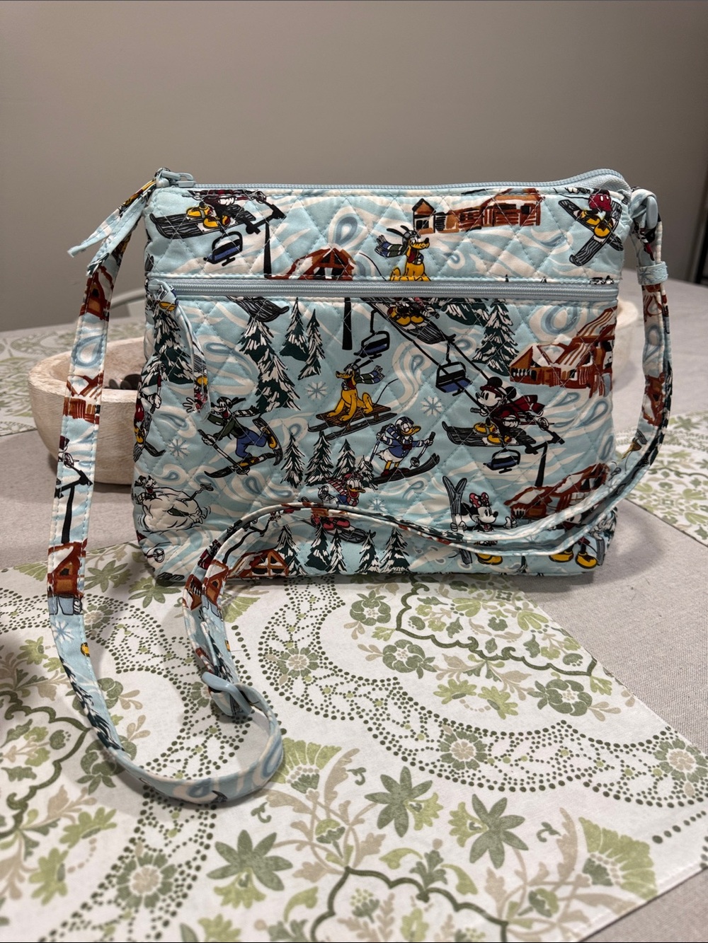 Vera Bradley Light Blue Quilted Crossbody with Disney Skiing Print
